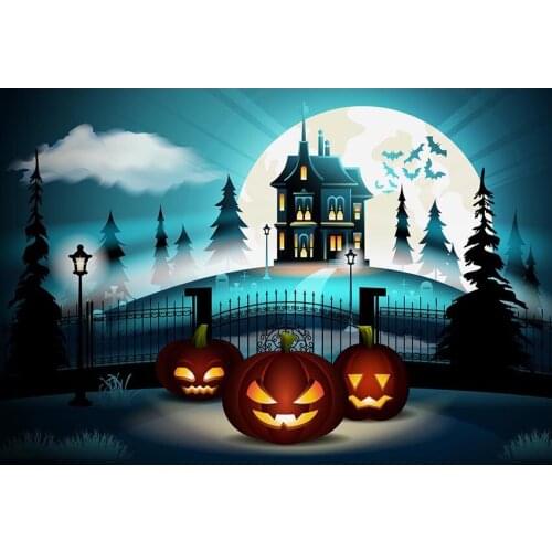 Blue Night Sky Photography Background Deep House In The Grave And Magic Forest And Yellow Pumpkin Backdrop For Halloween Decor