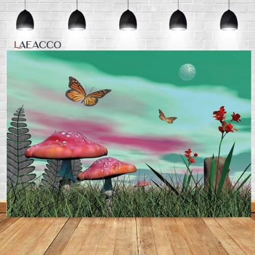 Laeacco Fairy Tale Forest Backdrops Trees Grassland Mushroom Butterfly Baby Birthday Customized Portrait Photography Backgrounds