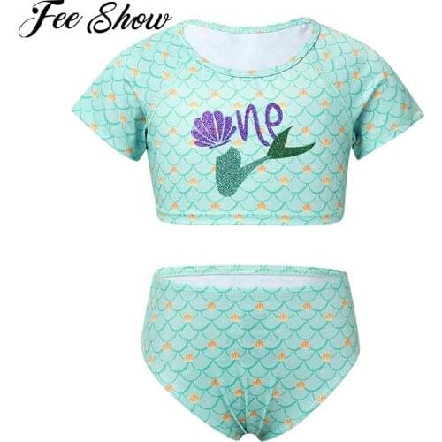 Summer Kids Girls Tankini Set Glittery Mermaid Tail Printed Swimsuit Swimwear Bathing Suit Tops with Bottoms Beachwear
