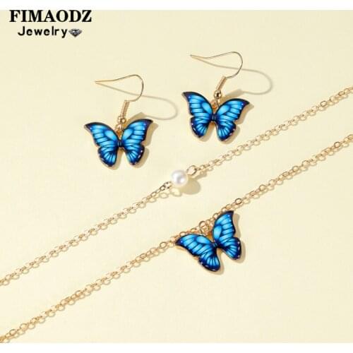 FIMAODZ Gold Color Butterfly Jewelry Set Charms Animal Colorful Butterfly Necklace And Earings Sets Fashion Exquisite Gift 2020