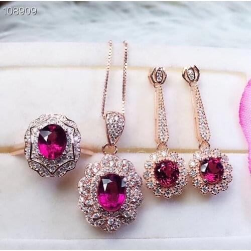 Luxury sunflower Natural red garnet gem Ring Pendant earrings Natural Gemstone Jewelry Set 925 Silver Women party gift jewelry
