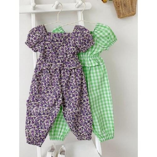 Girls Suit Plaid Floral U-Neck Blouse +Trousers 2021 Summer New Fashion Baby Kids Cute ChildrenS Clothing