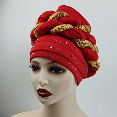 Yellow Nigerian Gele Headtie Aso Oke Gele Already Made Auto Gele Aso African Turban Cap With Beads For Party 1Piece