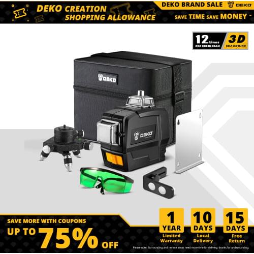 DEKO DKLL12PB1 3.6V 3000mAh 12 Lines 3D Green Laser Level Horizontal Vertical Cross line Bright Enough Easy to See