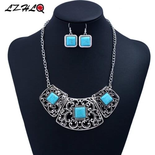 LZHLQ Big Fashion Retro Geometric Alloy Hollow Synthetic Blue Stone Statement Necklace Women Jewelry Factory Direct Wholesale