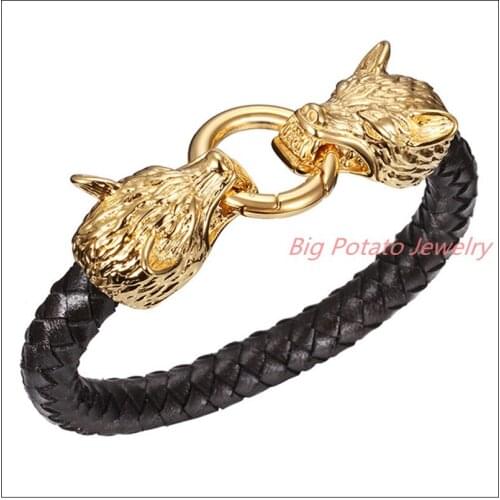 8.66"*9.5mm 56g Punk Jewelry 316L Stainless Steel Gold Wolf Clasp Mens Bracelet Blagle Black Leather Braided Wristband