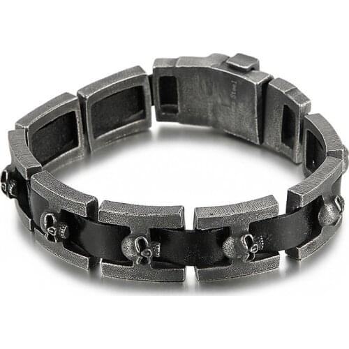 Mens Stainless Steel Skull Leather Bracelet Fashion Punk Gothic Frosted Black Titanium Steel Jewelry Gift