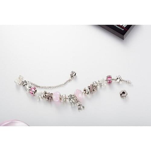 New Panjia Style DIY Beaded Bracelet Pink Colored Glass Large Hole Beaded Creative Bear Pendant Bracelet