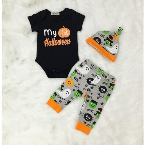 Baby Clothes My First Halloween Romper Pant Set Kids Cartoon Punpkin Ghost Printed Clothing Set Baby Halloween Outfit D0236