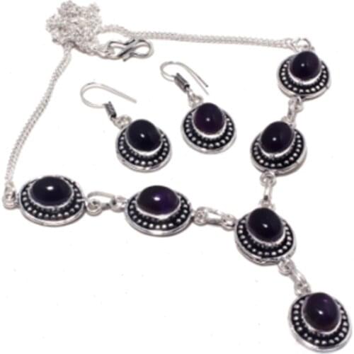 Black Onyx Necklace Earing Silver Overlay over Copper , 46cm, FRN0073