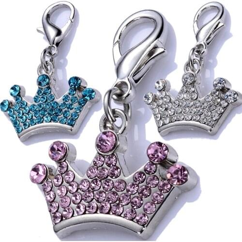 Wholesale Pet Tags Crystal Pendant Crown Shaped Charms For Dog Collars Lobster Clasp Accessory Jewelry For Necklace
