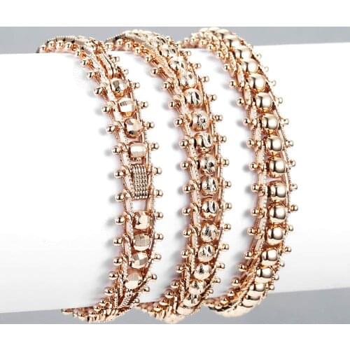 Simple 585 Rose Gold Filled Bracelet for Women Men Smooth Carved Beads Ball Chain Bangle Jewelry Dropshipping 7.5inch CB28