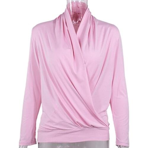 Drop shipping Sexy Women Autumn Long Sleeve Cross Deep V Neck Solid Color Blouse T-shirt Top