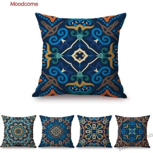 Blue Geometric Floral Pattern Nordic Car Pillow Sofa Throw Pillow Cover Cotton Linen Royal Blue Home Decoration Cushion Cover
