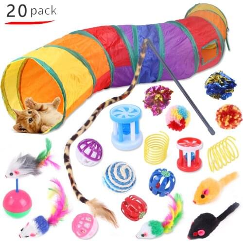 Pet Cat Toy Set, Cat Toy Funny Cat Stick Sisal Ball Cat Toy Supplies 20 Sets, Pet Toys Set for Cat, Cats Ball Bell Feather Toys