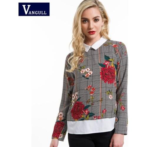 Vangull Mixed Print Blouse Summer Women Tops Spring Curved Hem 2 In 1 Multicolor Contrast Collar Long Sleeve Floral Plaid Blouse