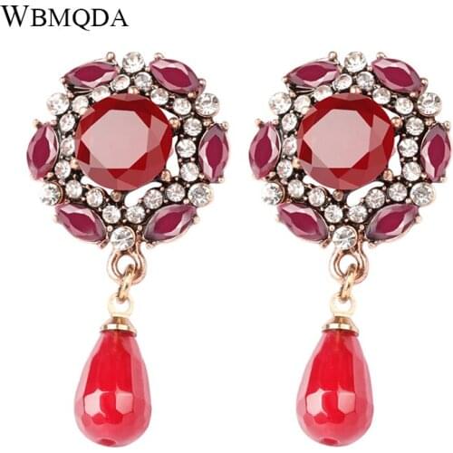 Wbmqda Luxury Red Natural Stone Women Drop Earrings Antique Gold Ethnic Bridal Wedding Crystal Flower Earrings Vintage Jewelry