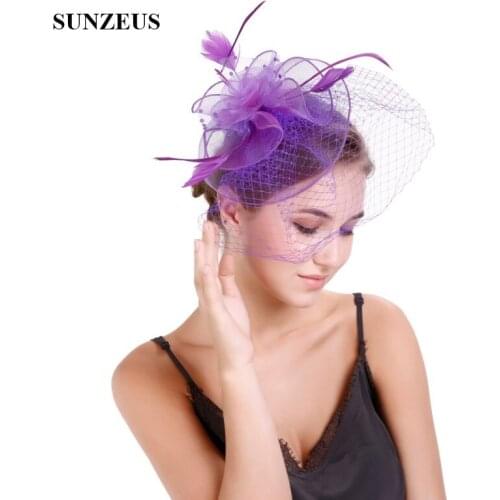 Purple Tulle Flowers Pageant Hats for Women Feathers Bridal Wedding Hat with Face Veil Wedding Accessories SH57