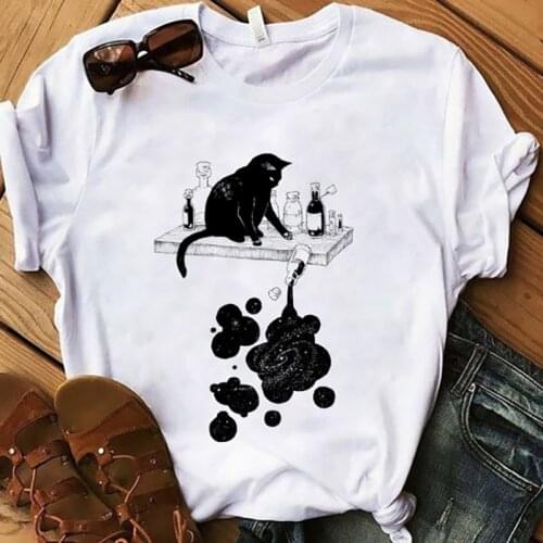 Black Cat and Ink t-shirt Women funny women graphic T Shirt Short Sleeve Tops Tees Femme aesthetic Fashion tshirt woman Tshirt
