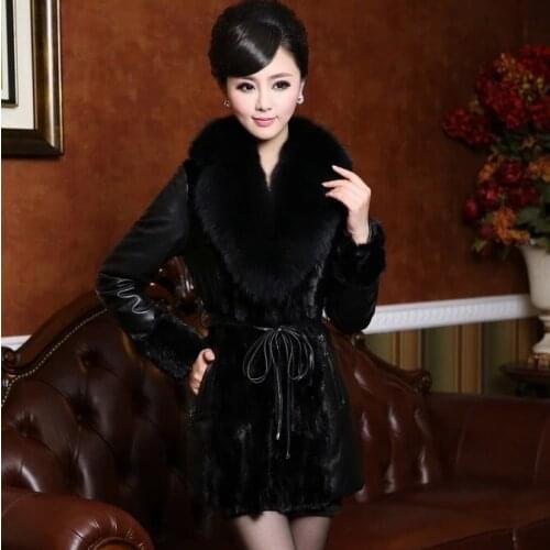 Faux female outerwear medium-long imitation mink fur overcoat fox fur PU female leather clothing