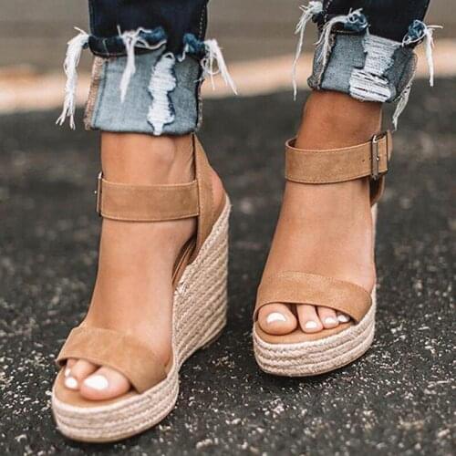 Wedges Heels Platform Hemp Shoes Ladies Summer Sandals Women Candy Color Casual Girls Slip On Strap Cross Girls Plus Size 2021