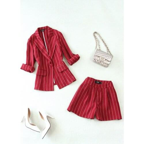 2 piece set women spring and summer new red and white strips 7 points sleeve small suit+wide leg shorts imitation hemp two-piece