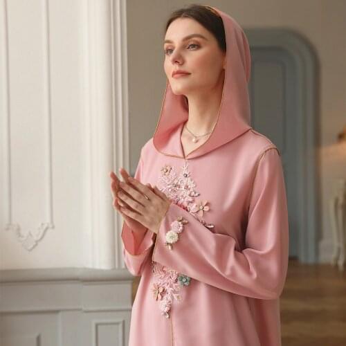 Pink Hooded Handmade Flower Fresh Fairy Casual Dress Robe Muslim Summer Maxi Dress Abaya Long Dresses