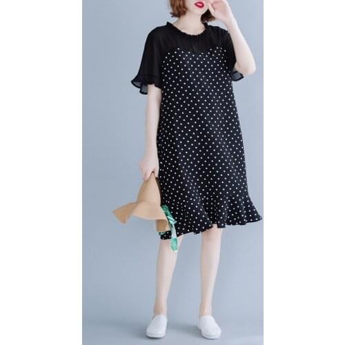2020 Summer New Plus Size Chiffon Dress Women Korean Straight Wave Dot Loose Lotus Leaf fishtail Dress Women Vestidos 4XL D3296