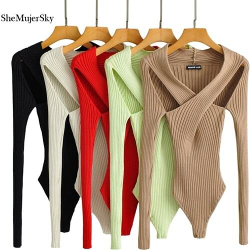 SheMujerSky Women Sexy Cross V-neck Bodysuits 2021 Long Sleeve Knitted Elastic Slim Hollow Out Jumpsuits
