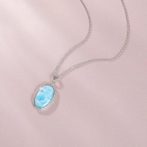 925 Sterling Silver Jewelry Gifts Classic Pendant Necklace Natural Precious Larimar Retro Woman Oval Charm Rhodium Plated Gold