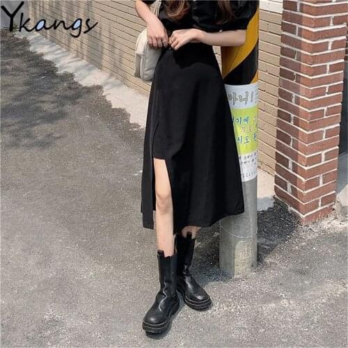 Irregular Elastic High Waist Belt Slit Long Cargo Skirts Summer Harajuku Gothic Midi Skirts 2021 Korean Fashion Sexy Y2k Saia