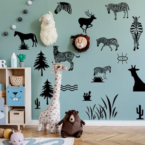 DIY Black Animals Zebra Pine Tree Cactus Wall Stickers Baby Living Room Bedroom Creative African Grassland Wall Decals PVC