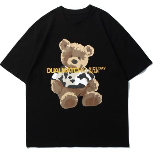 LACIBLE Hip Hop T-Shirt Mens Vintage Cow Print Bear Print Cotton Streetwear Pure Cotton Casual Top T-Shirt Harajuku Clothing