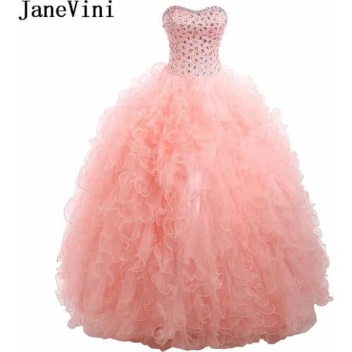 JaneVini Sparkling Crystal Sweet 16 Dresses Formal Sweetheart Sequin Quinceanera Dresses Pink Plus Size Girls Birthday Ball Gown