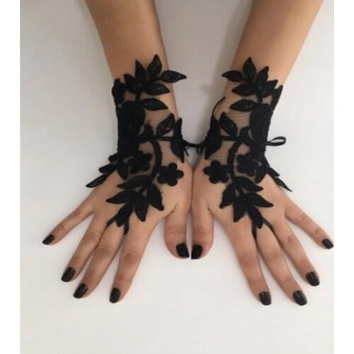 Short Wedding Gloves White Black Bridal Gloves Girl Party Fingerless Lace Glove Ladies Flower Guantes Wedding Accessories