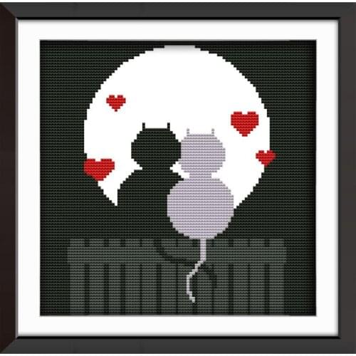 Joy Sunday Couple Cat Silhouette Baby Room Decor Hand Embroidery Chinese DIY Cross Stitch Patterns Printed Canvas Needlework Set