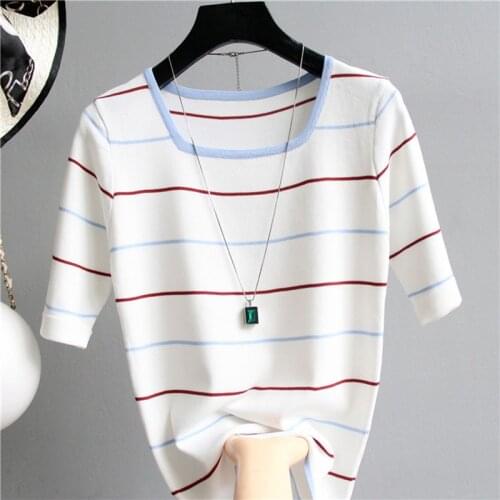 Autumn Fresh Light Colored Knitted Top Fashionable Small Square Collar Color Matching Half Sleeved Bottoming Shirt Slim Slimming