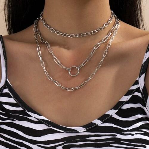 Punk Exaggerated Multilayer Iron Thick Chains Necklace for Women Vintage Hiphop Style Geometric Round Circle Necklaces Jewelry