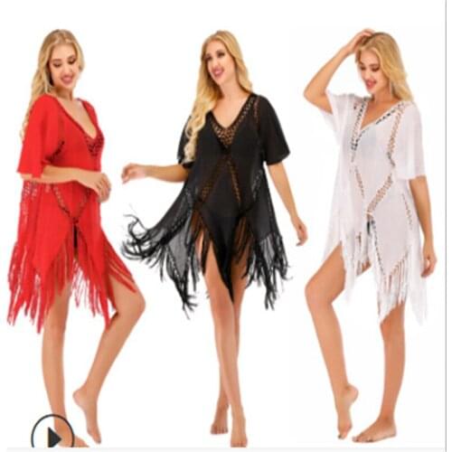 Sexy Beach Cover Up Bikini Women Swimsuit Crochet Fringe Hem Cover Up Bathing Suit Female Swimwear Beach Dress Tunic Robe