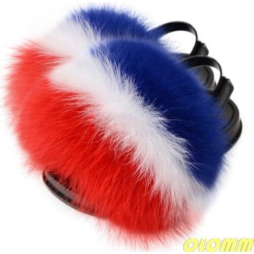 Real fox fur slippers for kids Cute Raccoon Slides Fluffy Slippers Toddler Slipper Baby Girls Fur Slides Summer Flip Flops