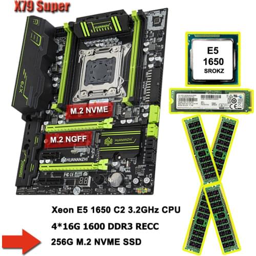 Promotional motherboard set HUANAN ZHI X79 motherboard with M.2 256G SSD CPU Intel Xeon E5 1650 C2 3.2GHz RAM 64G(4*16G) REG ECC
