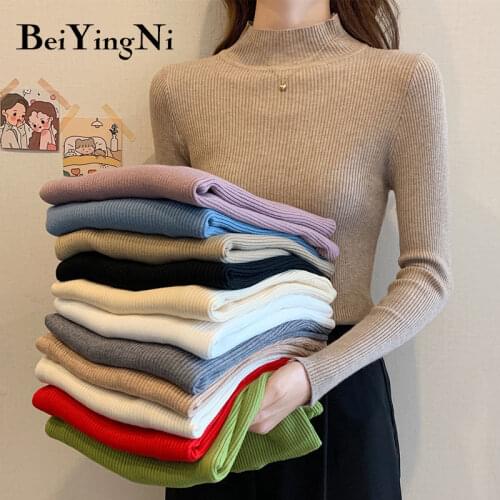 Beiyingni Womens Sweater Pure Color Vintage Warm Soft Long Sleeve Top Pullover Autumn Winter Turtleneck Korean Fashion Sweaters