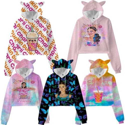 Charli Damelio 3D Print Hoodies for Girls Women Cat Ear Sweatshirts Female Kawaii Cartoon Pullover Lady Crop Tops Streetwear