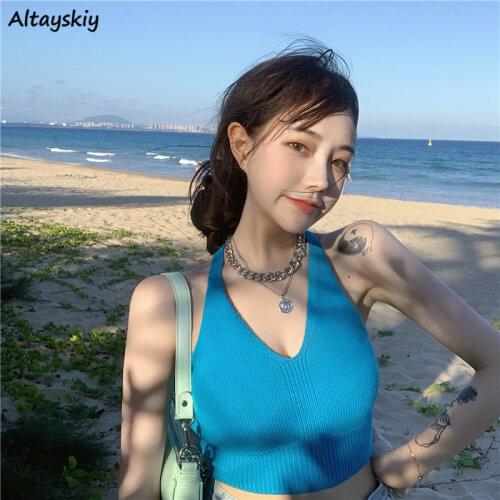 Camis Women Solid Knitted Halter Elasticity Slim Sexy Ins Chic Korean Style All-match Cropped Tops Leisure Female Club Summer