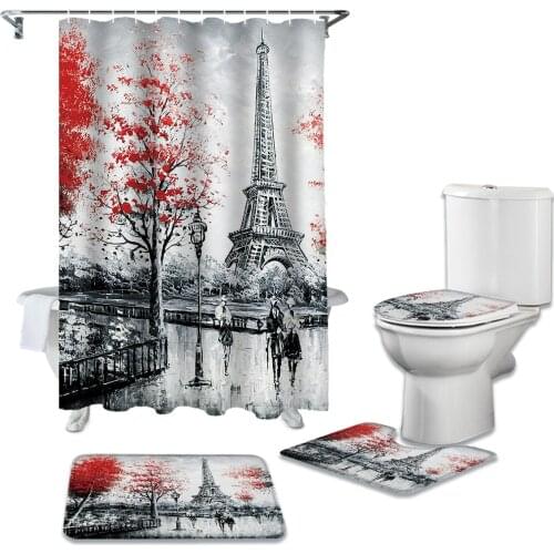 Eiffel Tower Oil Painting Print Shower Curtain and Bath Rugs Set Modern Bath Curtains for Bathroom Home Decor