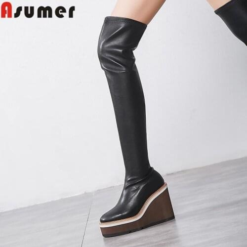 ASUMER 2021 new over the knee boots round toe slip on platform wedges boots women high high heels autumn winter botos