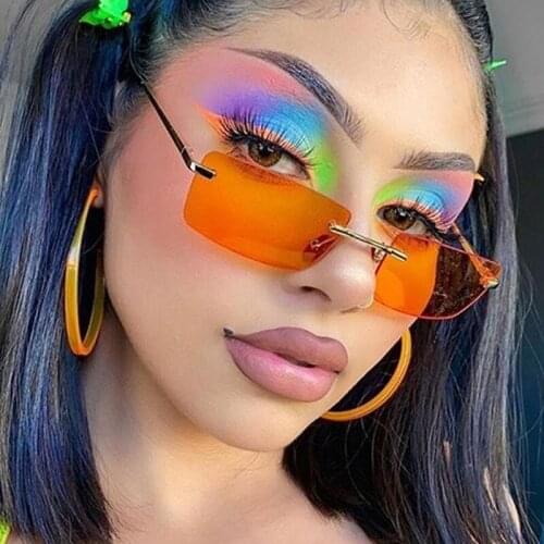 Vintage Rimless Alloy Quare Usnglasses For Women Luxury Brand Elegant Gradient Sun Glasses Female Gray Pink Small Shades Hip Hop