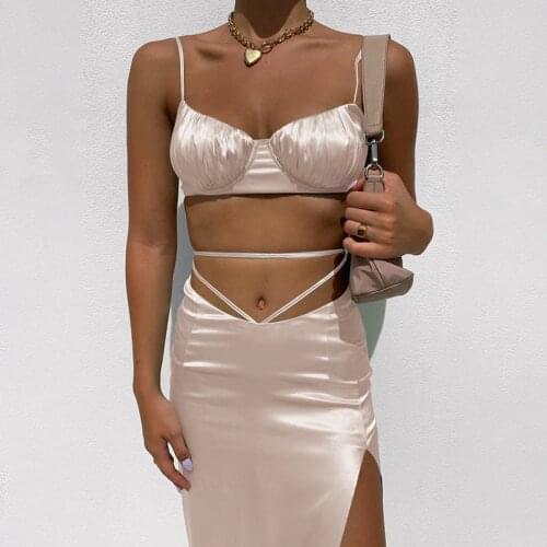 Giyu Satin Bandage 2 Piece Set Womens Outfits Club Party Sexy Split Crop Top Dress Sets 2021 Summer Backless Two Piece Set Women