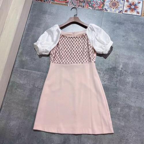 New Summer French Style Dress Women Slim Fashion Designer Runway Square Collar Short Sleeves Beading Mini Dress