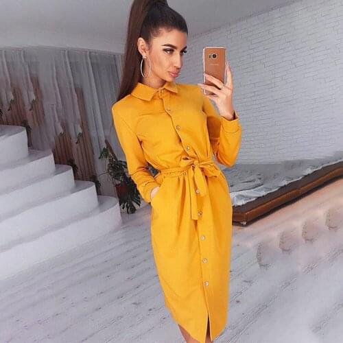 Fashion Long Sleeve Buttons Shirt Dress Women 2021 Autumn Casual Vintage Lace-up Knee-length Dresses Elegant Ladies Office Dress